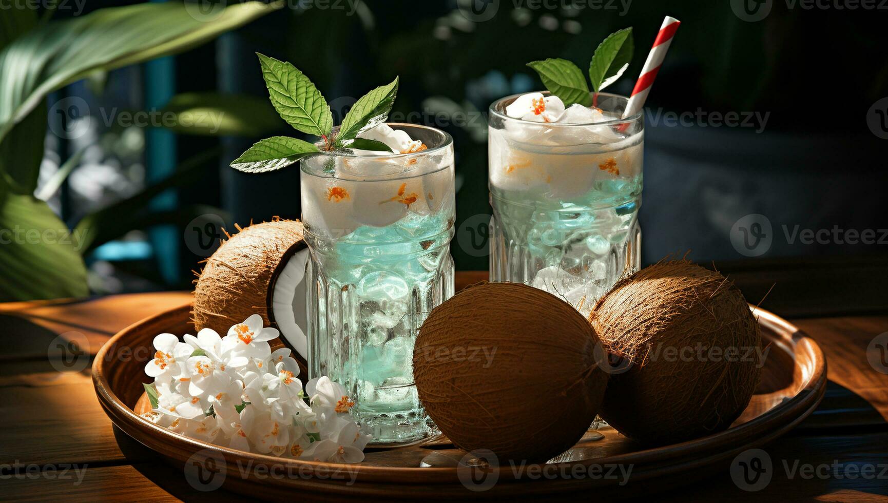 Paradise landscape with coconut drink and lotus flowers. AI generated photo