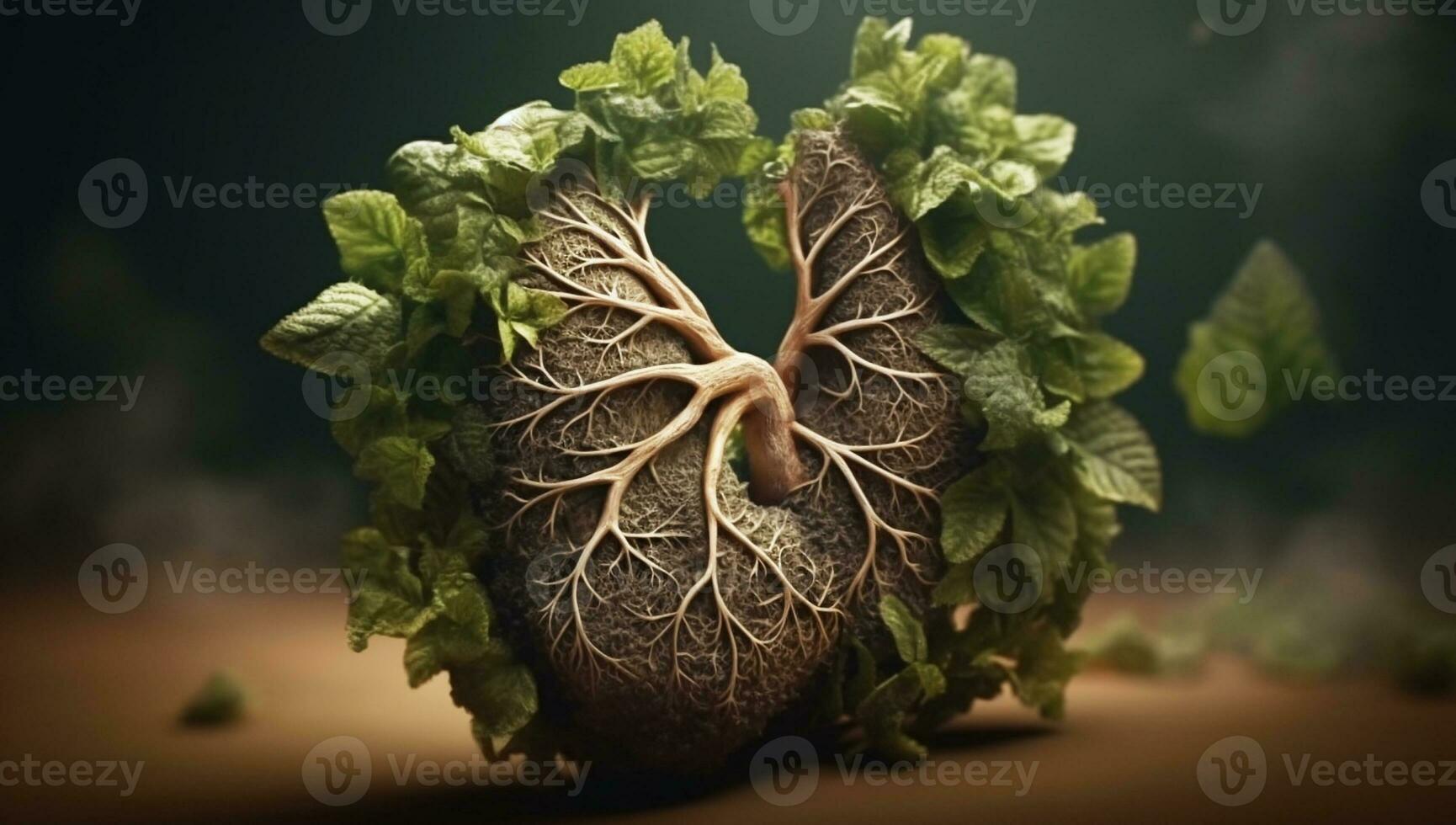 Anatomical human heart formed by leaves and tree branches. AI generated photo