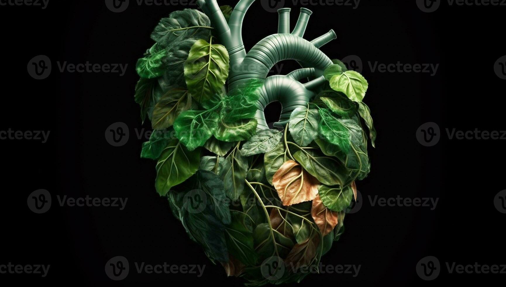 Anatomical human heart formed by leaves and tree branches. AI generated photo