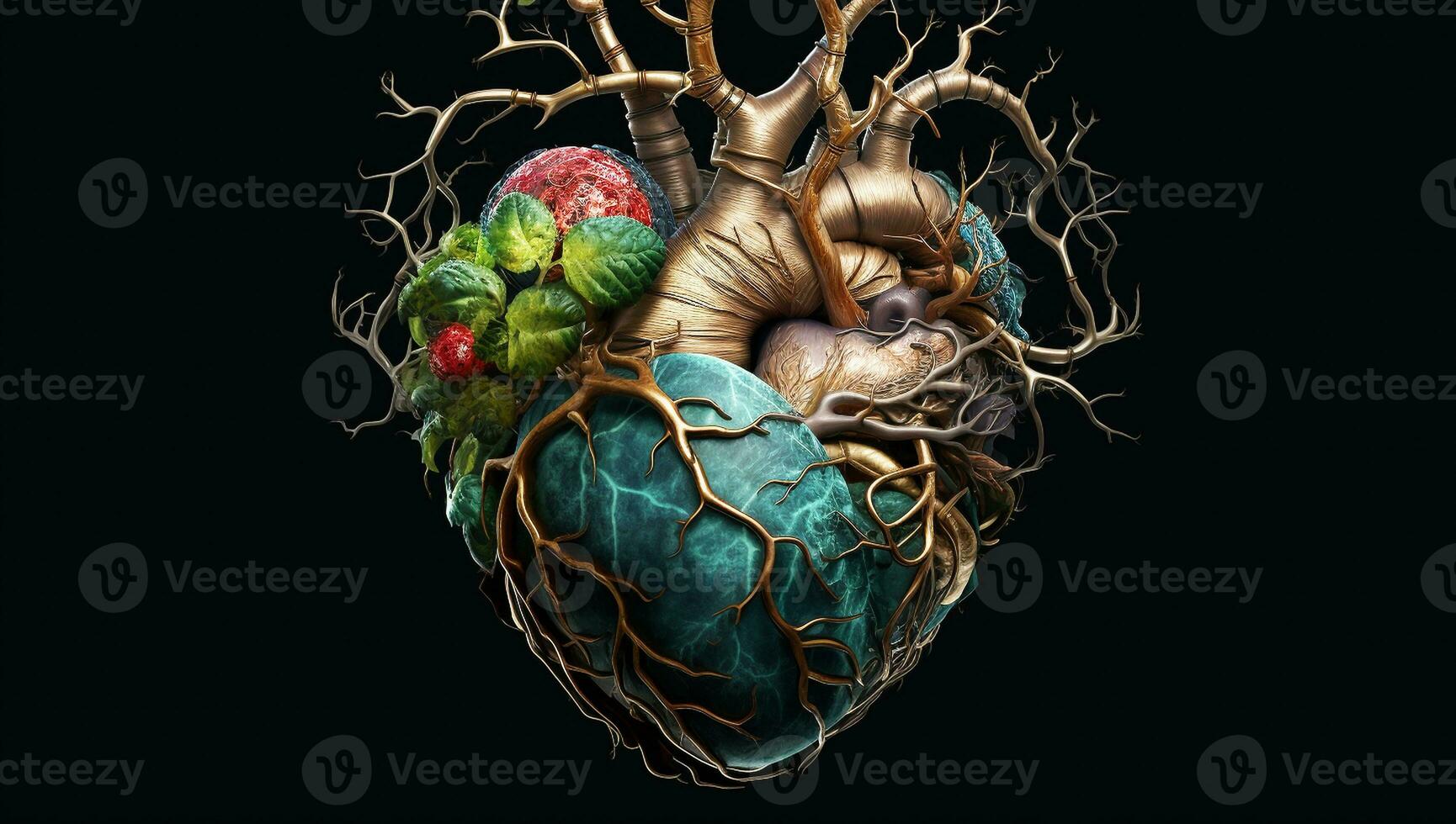 Anatomical human heart formed by leaves and tree branches. AI generated photo