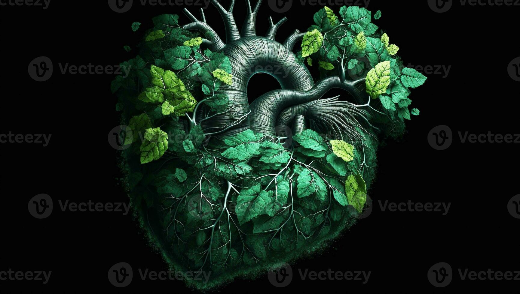 Anatomical human heart formed by leaves and tree branches. AI generated photo