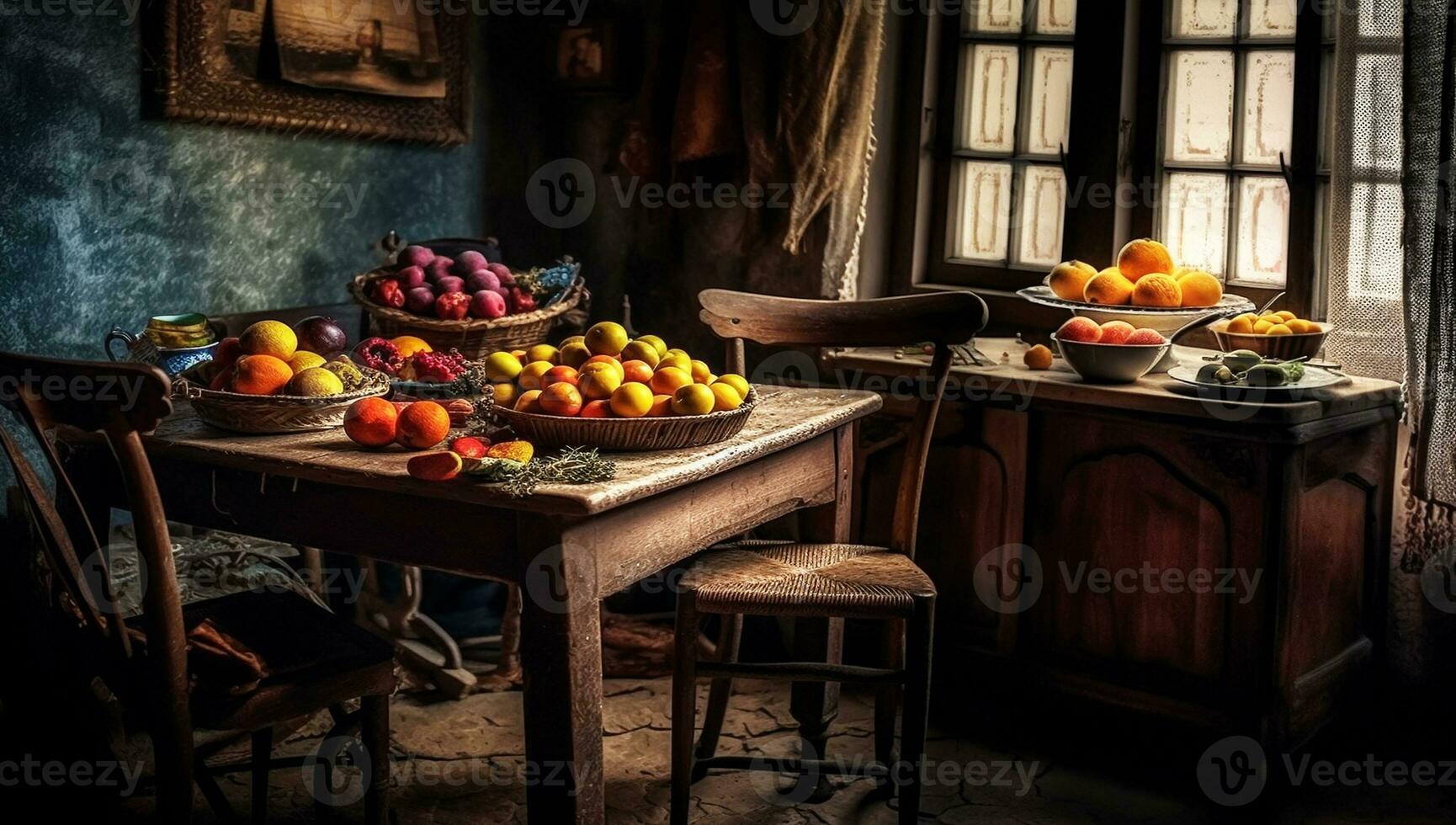 Illustration still life with fruit on wooden table, rustic kitchen, in dramatic tones. AI generator photo