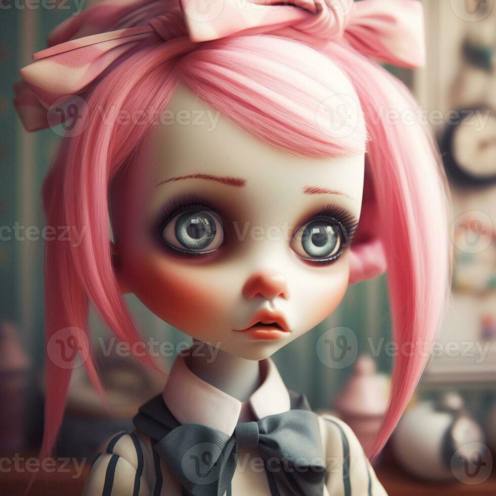 Cute doll illustration with big eyes and pink hair. AI generated photo