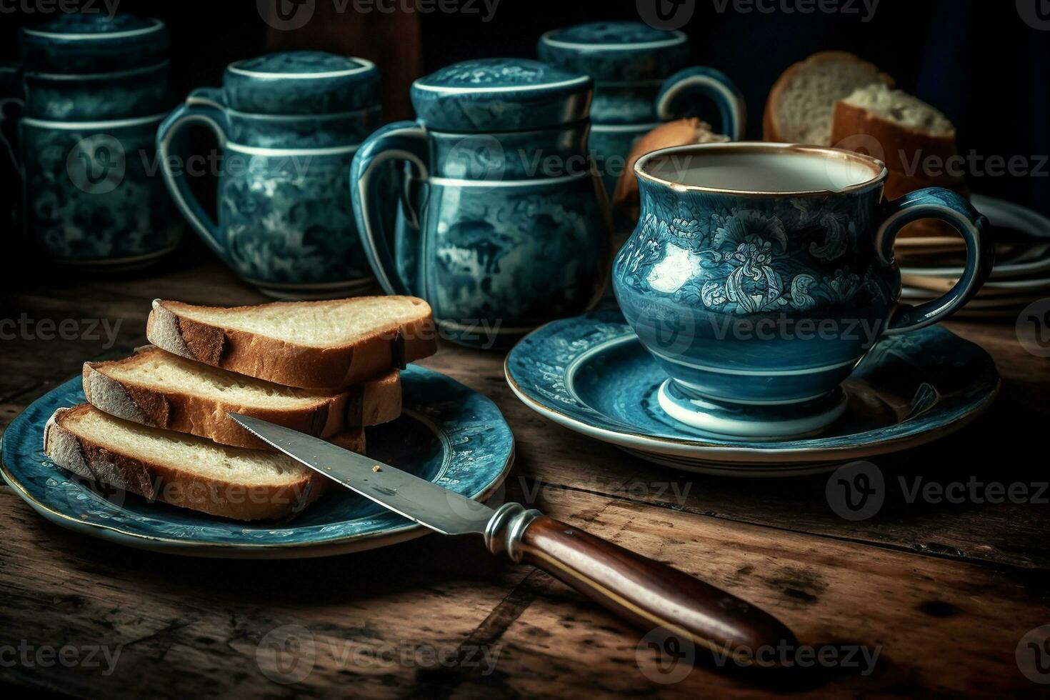 Table with blue porcelain cups and teapot and slices of bread and cake for breakfast. AI generated photo