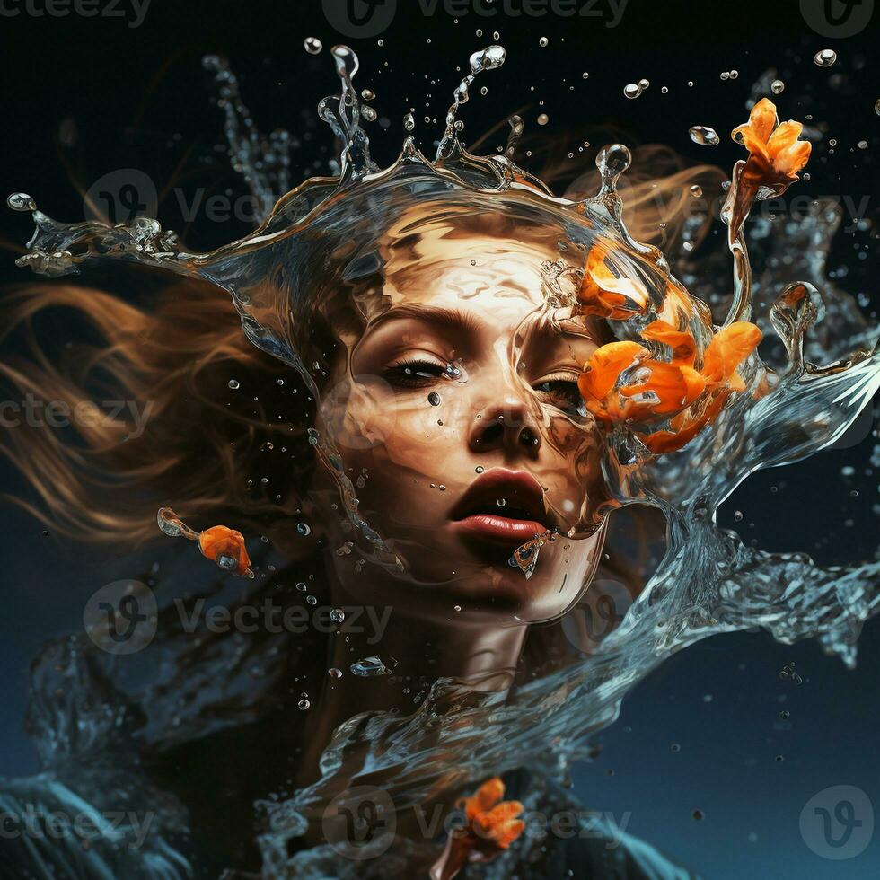 Vibrant illustration of a female figure enveloped in a splash of water, with flowers. AI generated. Not a person photo