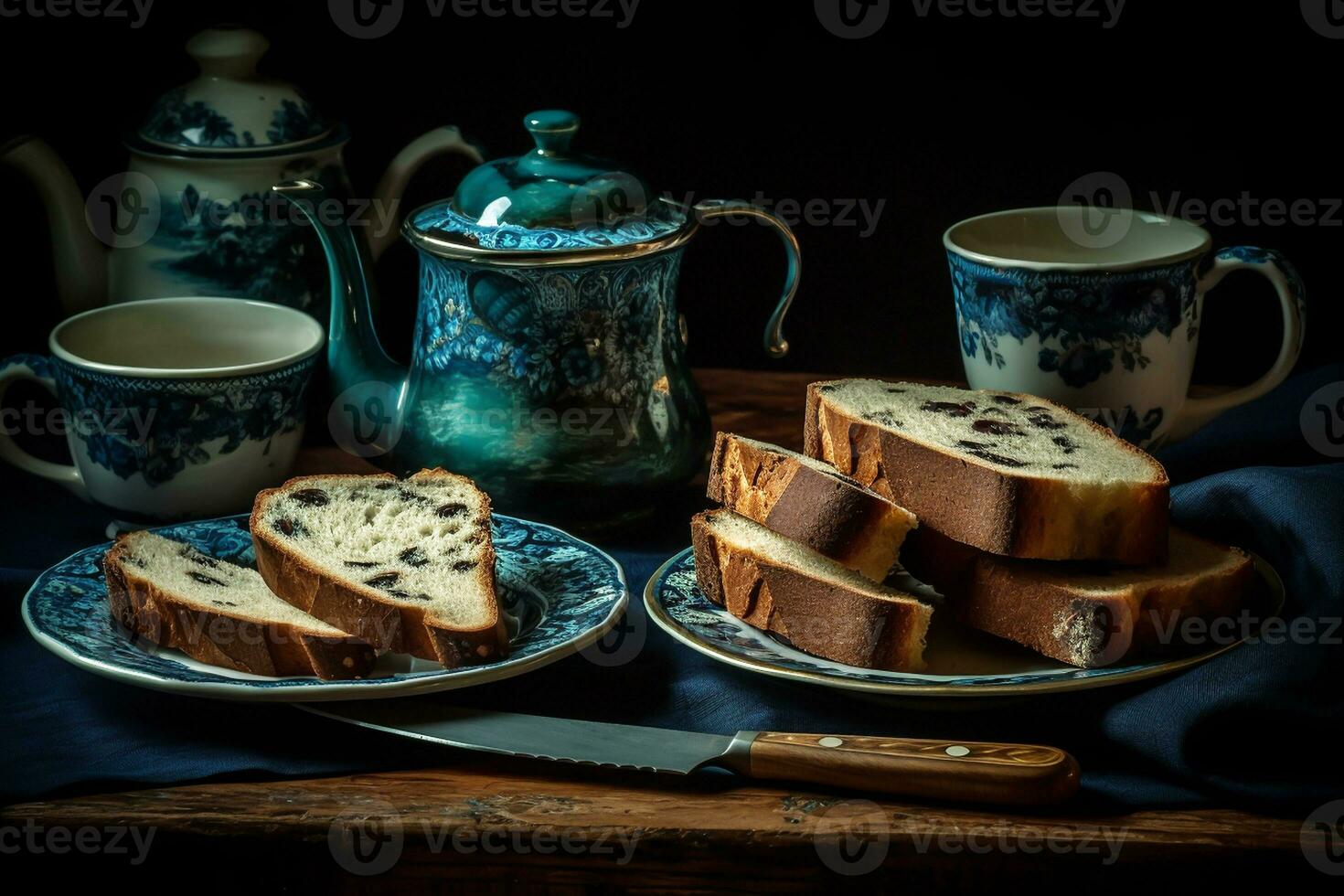 Table with blue porcelain cups and teapot and slices of bread and cake for breakfast. AI generated photo
