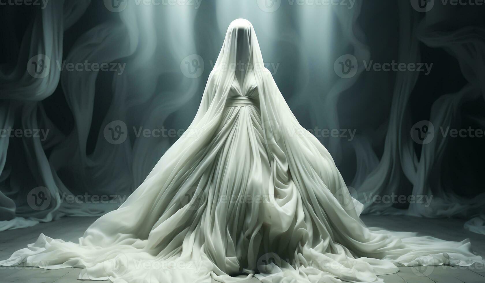 Enigmatic illustration of a body covered with a huge white curtain, which spreads on the floor. AI generated photo