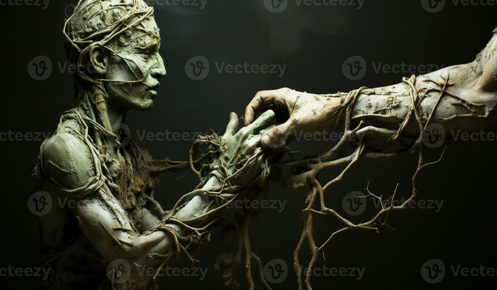 cuerpo con humano anatomía formado por agrietado y seco suelo rodeado por raíces. ai generativo foto