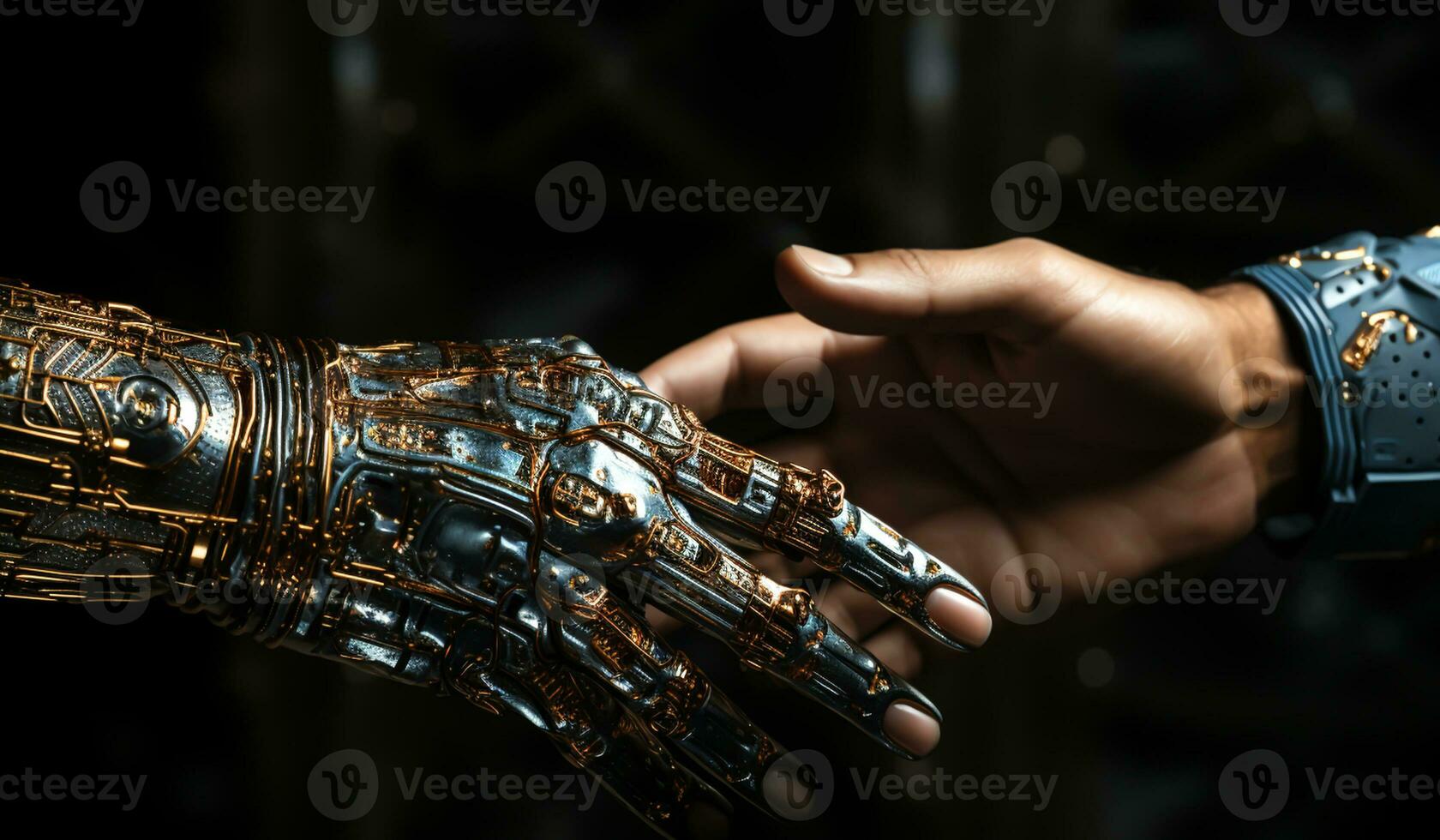 Touch between a robotic hand and a human hand. AI generated photo