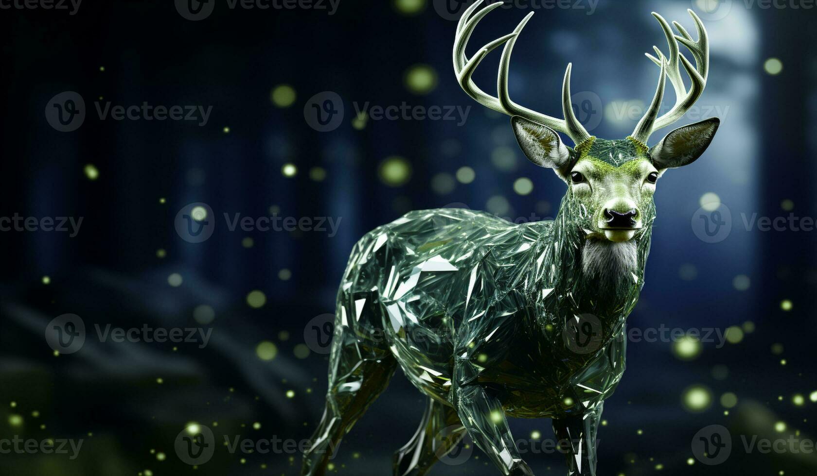 Bright christmas landscape with illuminated deer closeup. AI generated photo