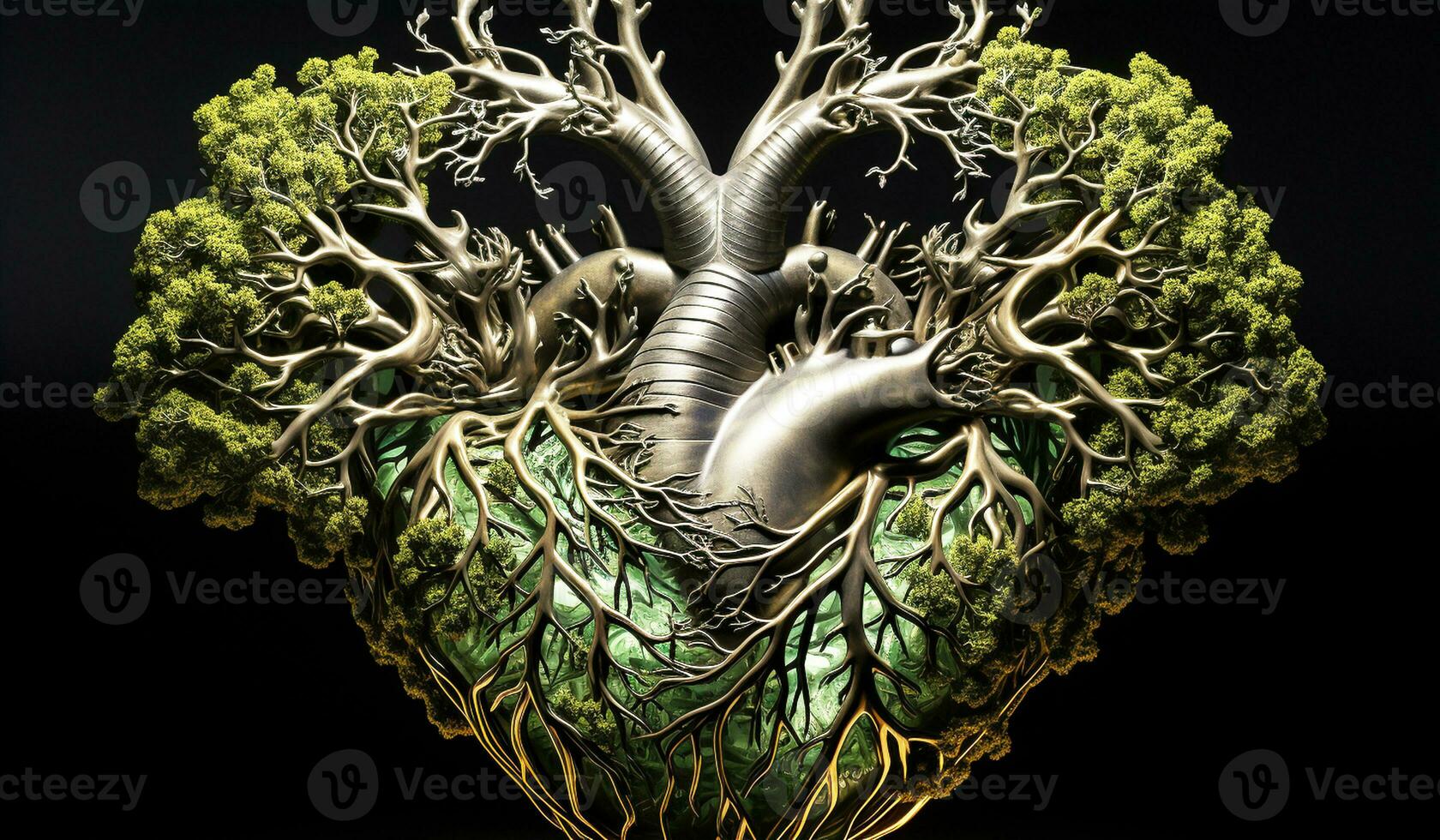 Anatomical heart surrounded by leaves and branches. AI generated photo