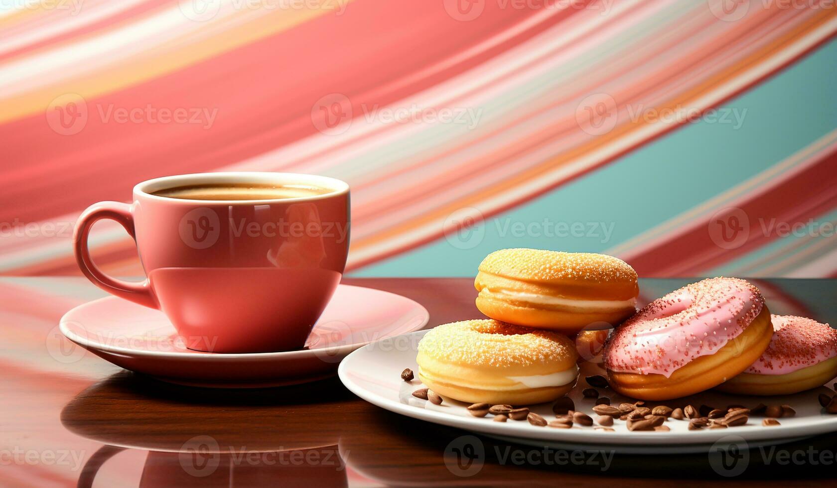 Pink cup of coffee and tasty donuts. AI generated photo