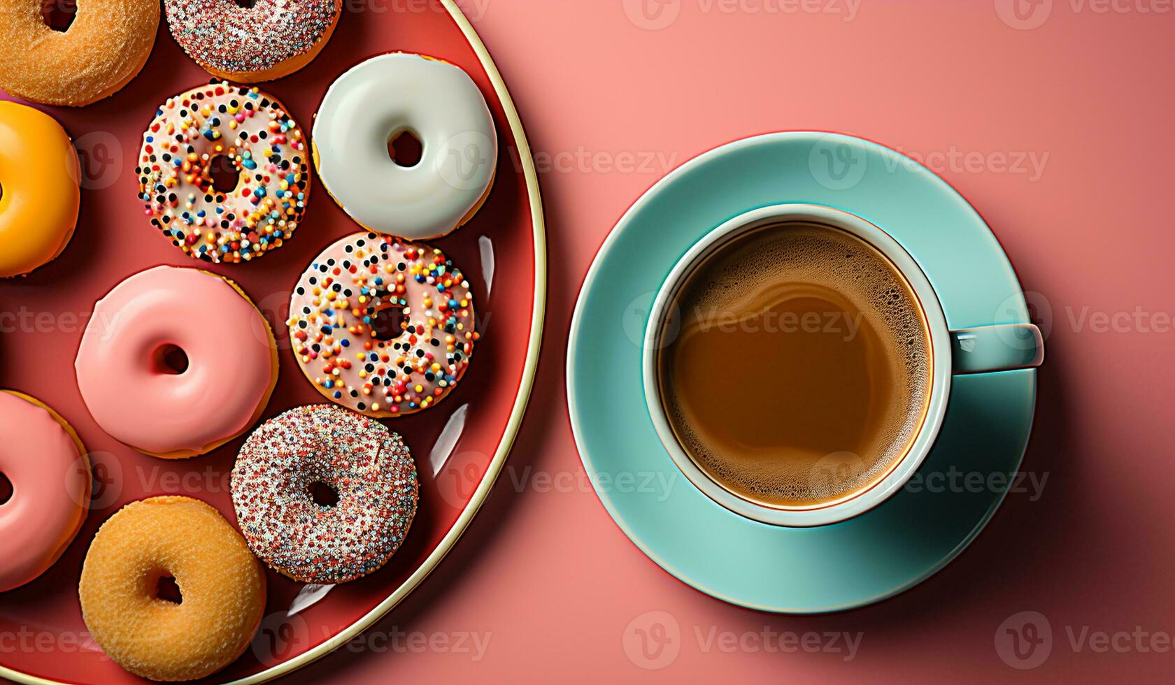 Blue cup of coffee and tasty donuts. AI generated photo