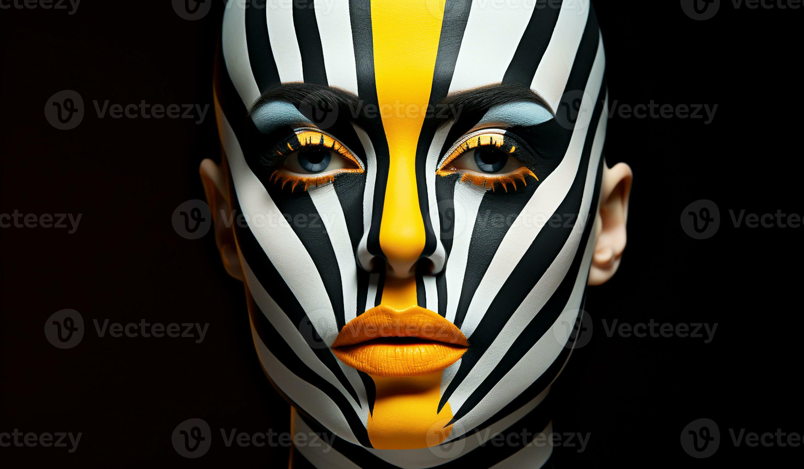 Fantasy face painting, zebra look, in yellow and black. AI generated