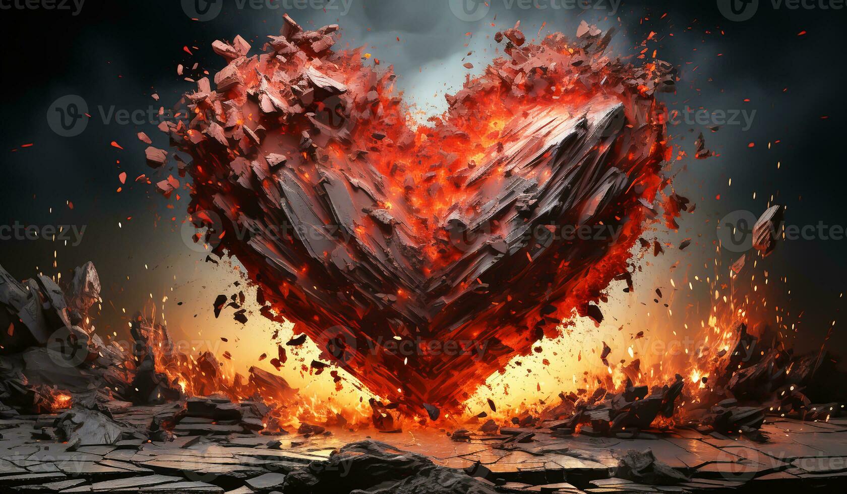 Heart exploded into fire fragments. AI generated photo