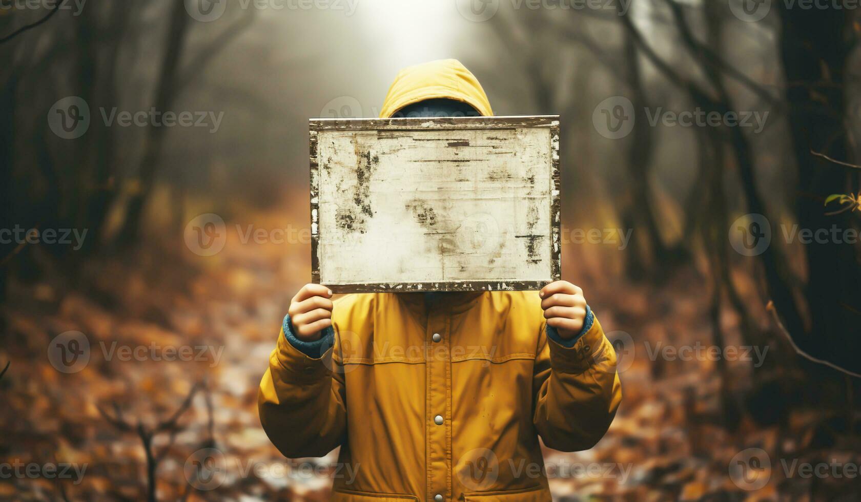 Kid, with his face covered, holds a sheet of paper. Free space for text. Generated AI photo