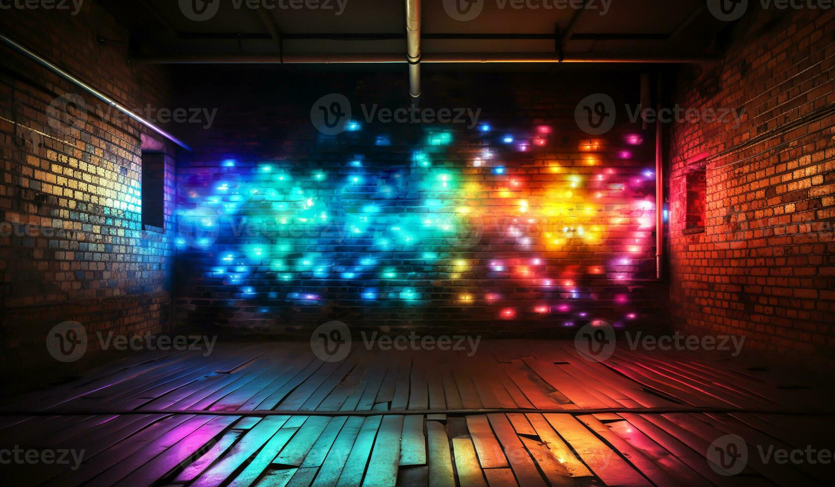 Room illuminated with neon lights of vibrant colors, with reflections on the wooden floor. AI generated photo
