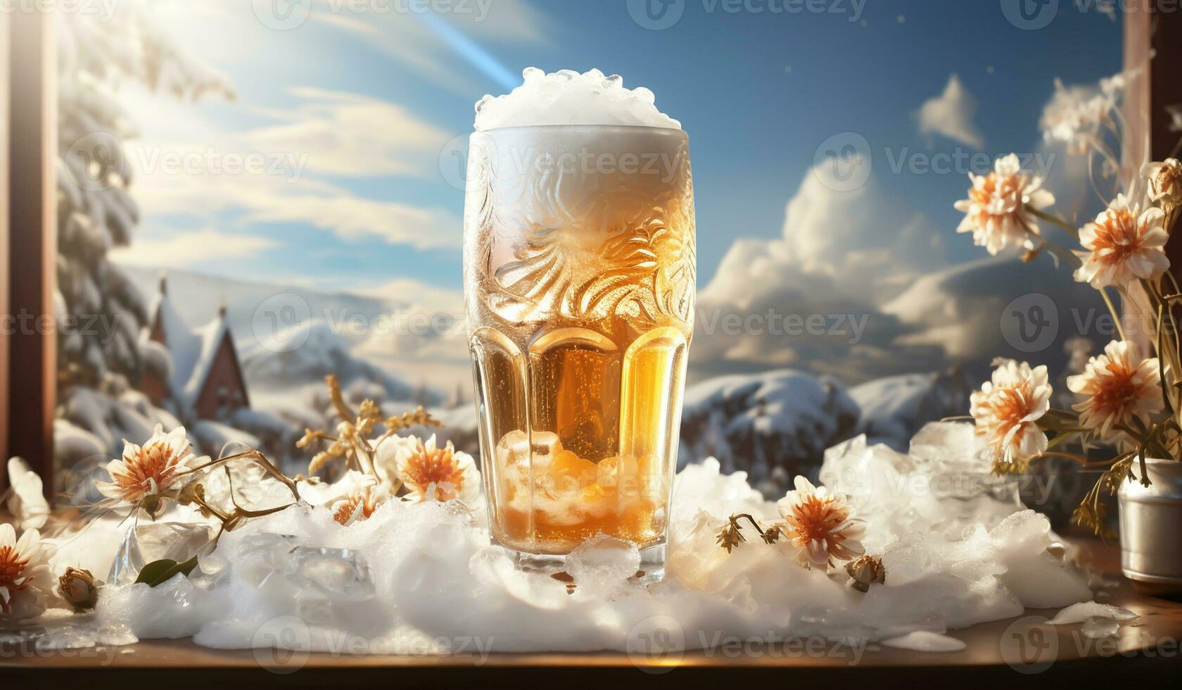 Very cold golden beer. AI generated photo