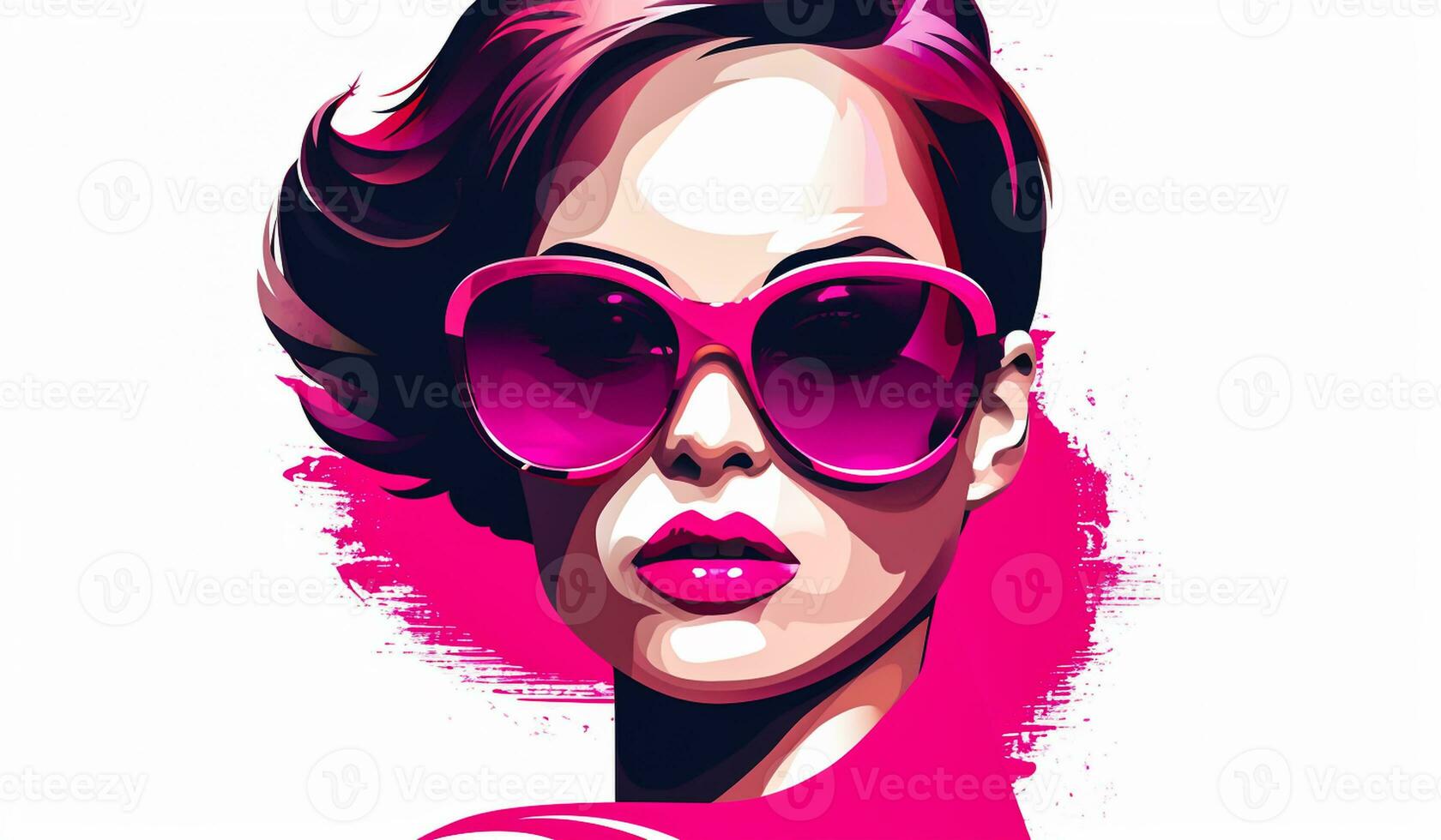 Pink portrait illustration of a woman with sunglasses. AI generated photo