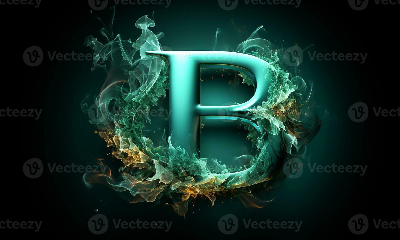 Glowing turquoise letter B on dark background. AI generated photo