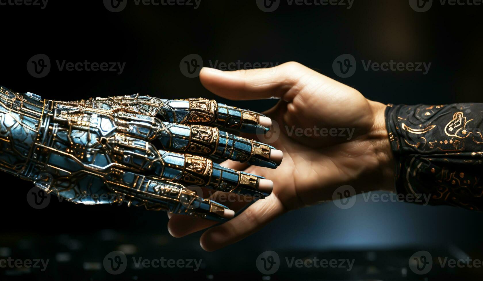 Touch between a robotic hand and a human hand. AI generated photo