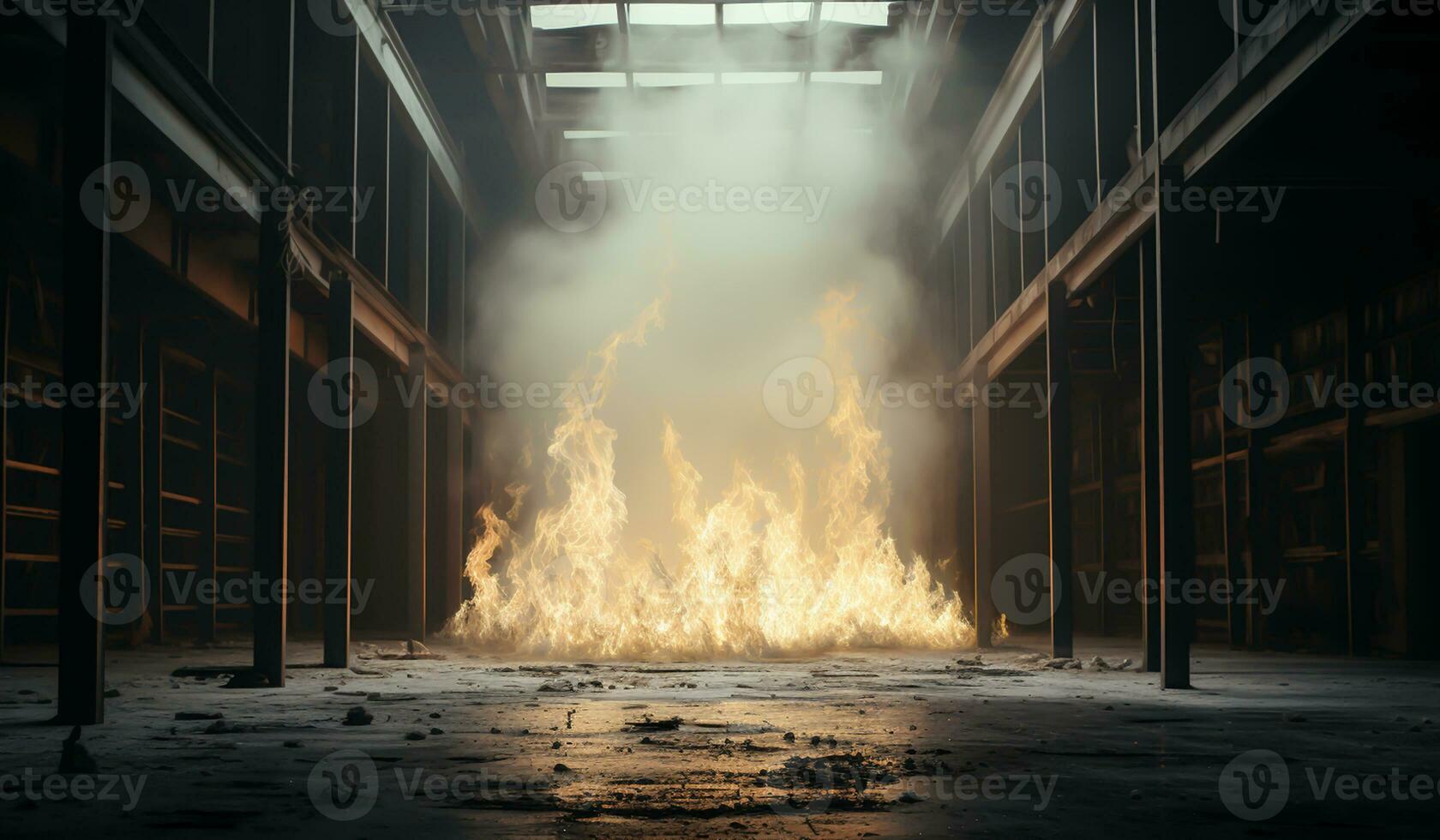 Fire inside empty building. AI generated photo