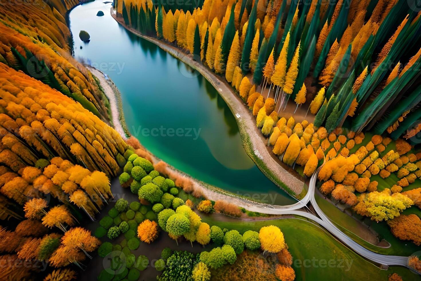 A stun forward pass watch of a fart river cutting through a vibrant fall forest. Creative resource, photo