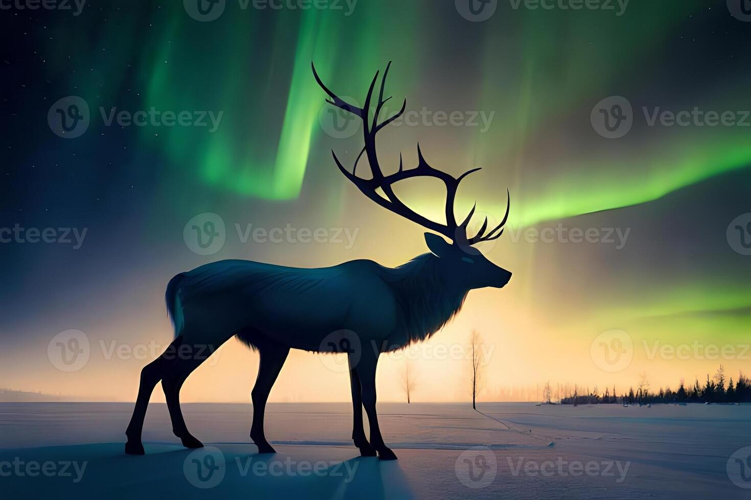 Build a woodland dale where ethereal reindeer brush underneath the sparkling Northern Lights. Ai Generated photo