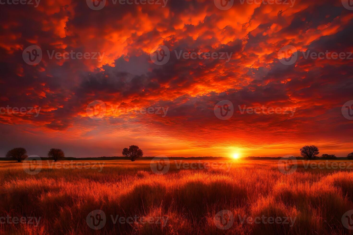 A beautiful and vibrant sunset is lighting a green field with shades of red and orange.. Creative resource, photo