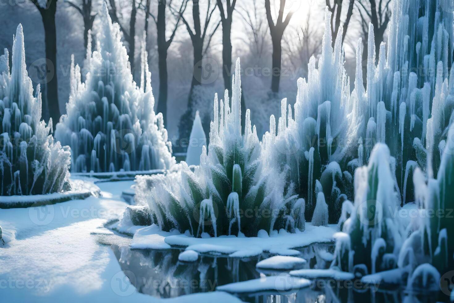 a botanical make changed by winter, with set wellsprings and plants brightened with ice. Creative resource, photo