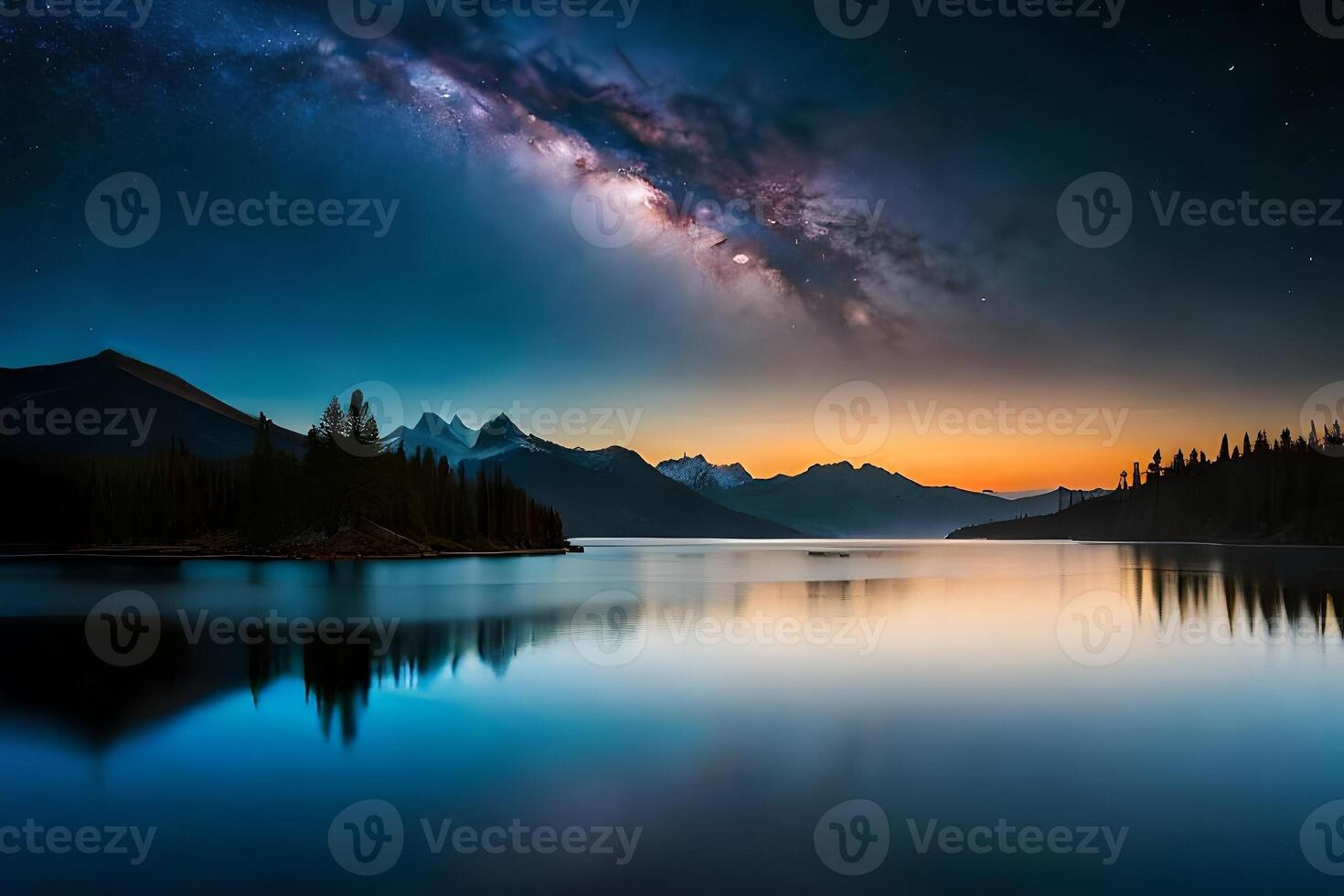 A mesmerizing night sky over a calm lake, reflecting the stars and the Smooth Way. photo