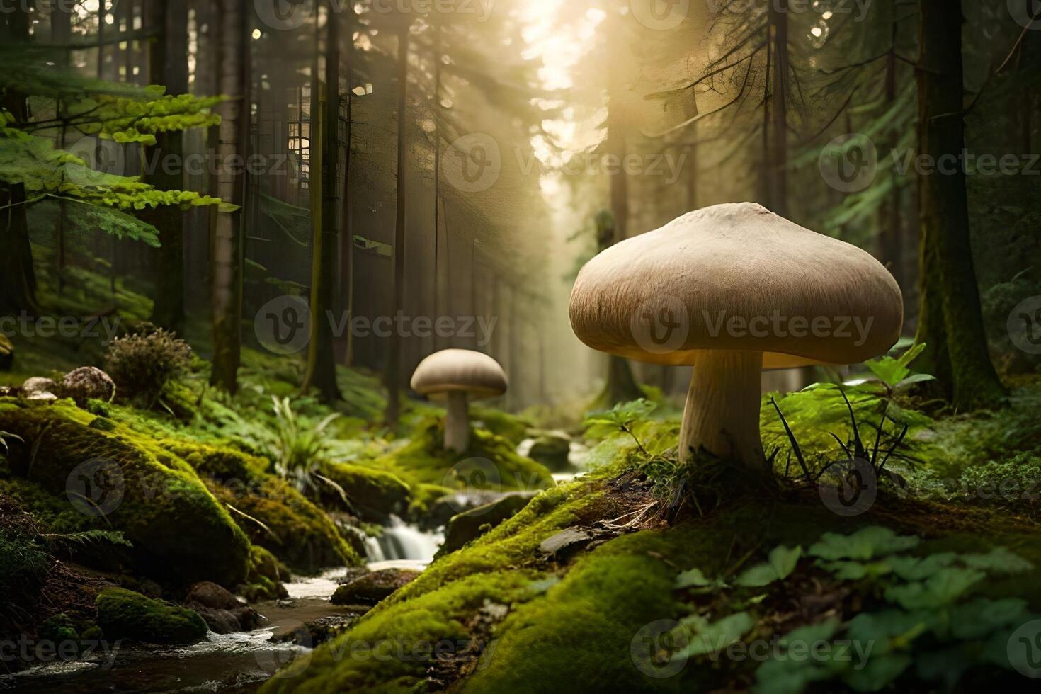 A unordinary world filled with mammoth mushrooms, making a tall story like scene. photo