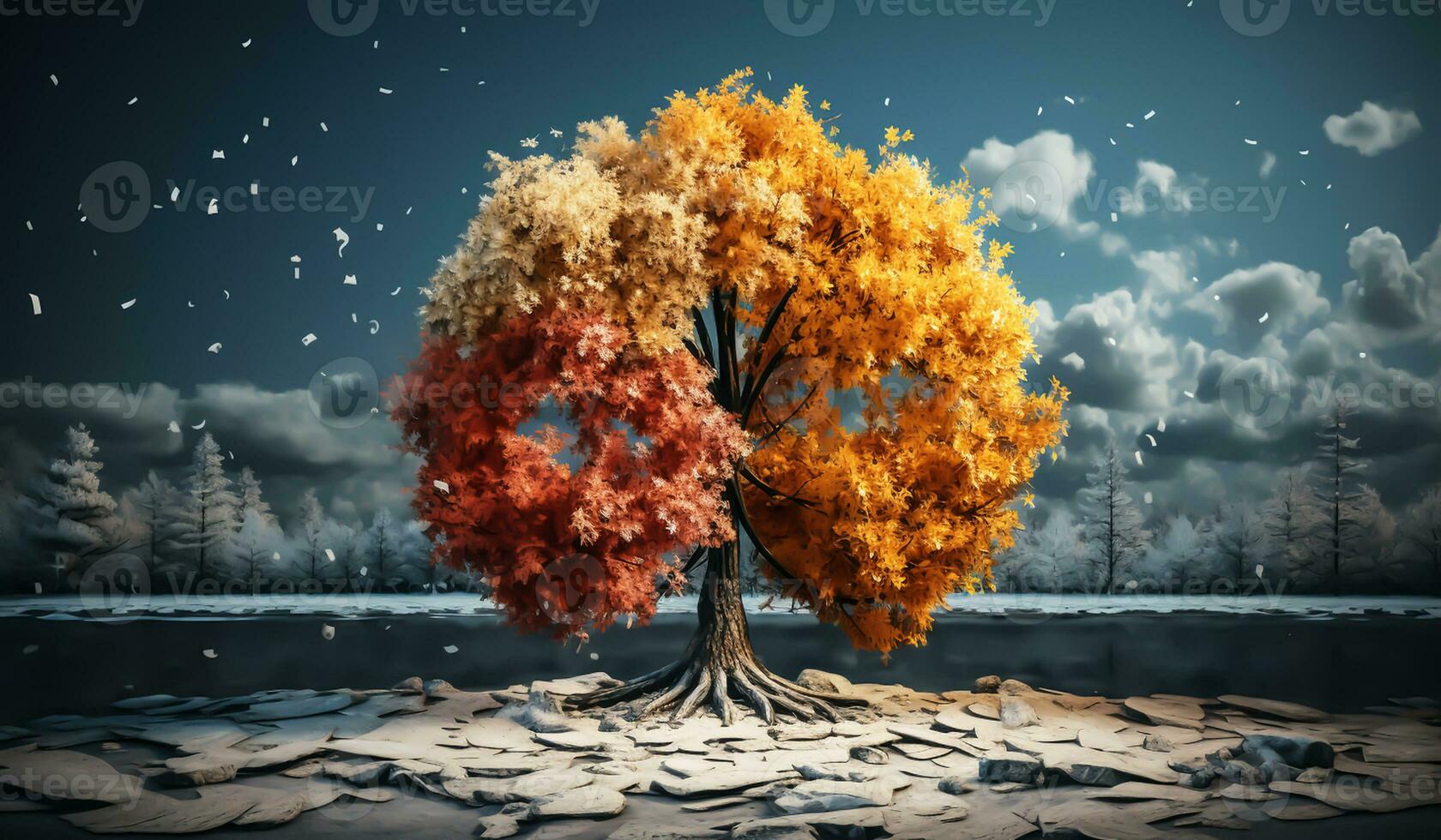 ilustración con un árbol con otoño tonos ai generado foto