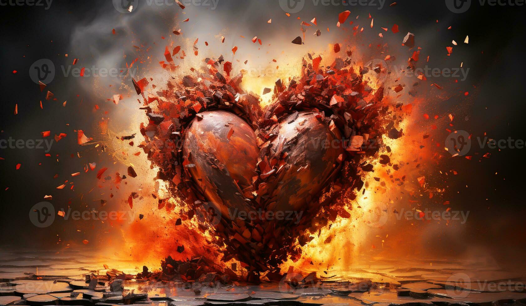 Heart exploded into fire fragments. AI generated photo