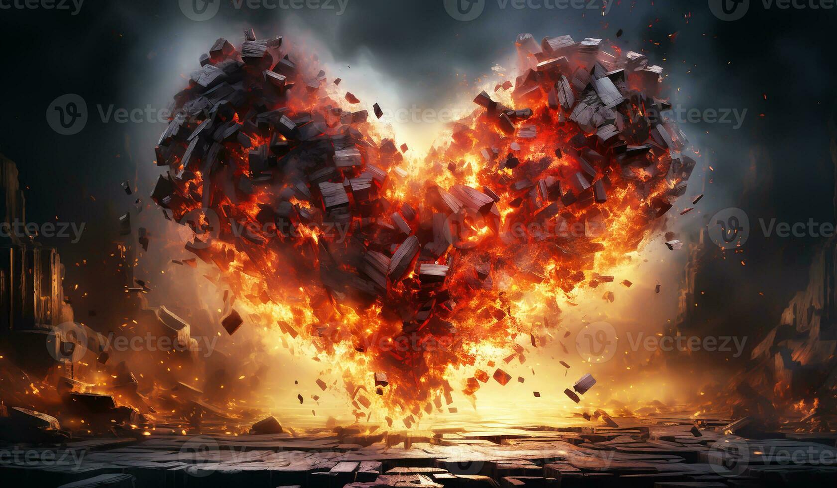 Heart exploded into fire fragments. AI generated photo