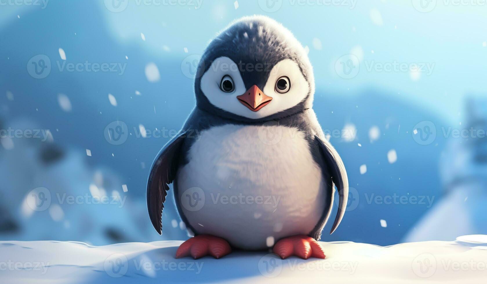 Funny cartoon of baby penguin in the snow. AI generated photo