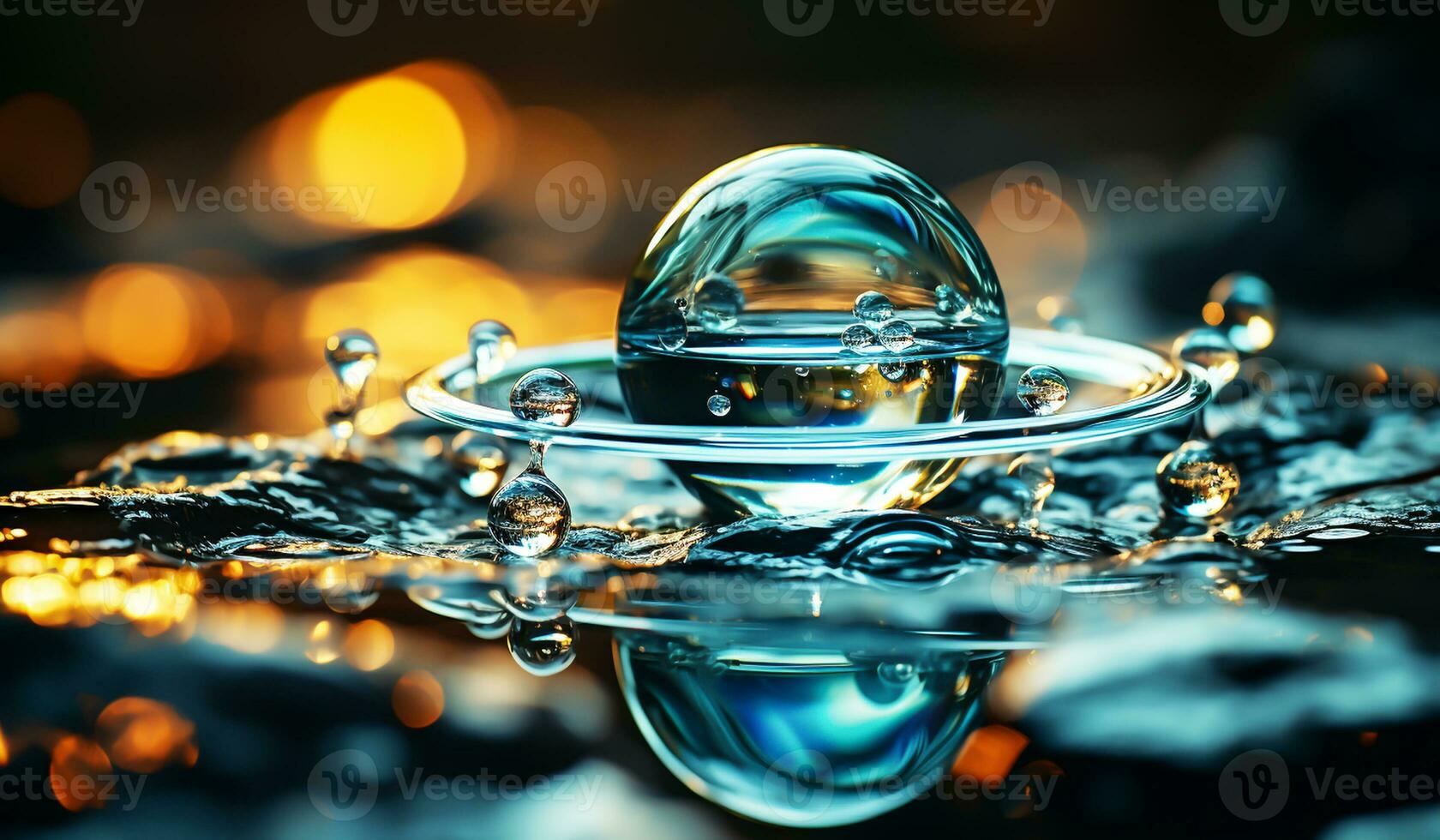 azul y dorado tonos de un pelota ese caídas y salpicaduras en el agua. ai generado foto