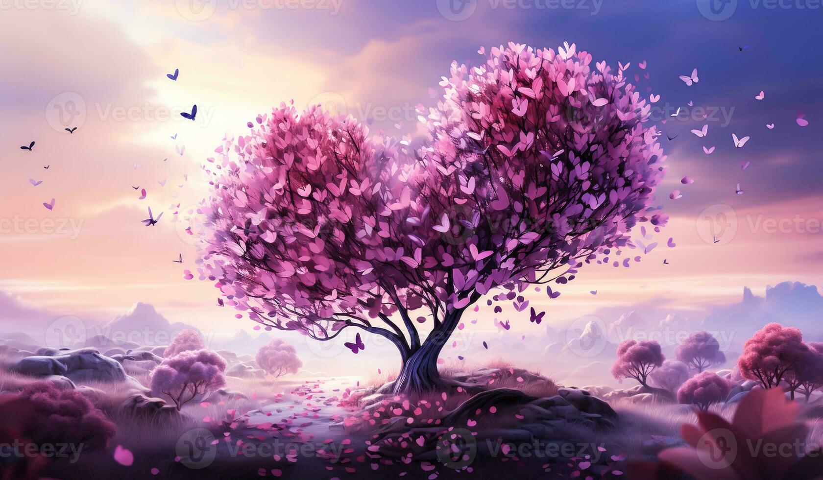 Unreal landscape with tree formed by butterflies. Enchanted forest concept. AI generated photo