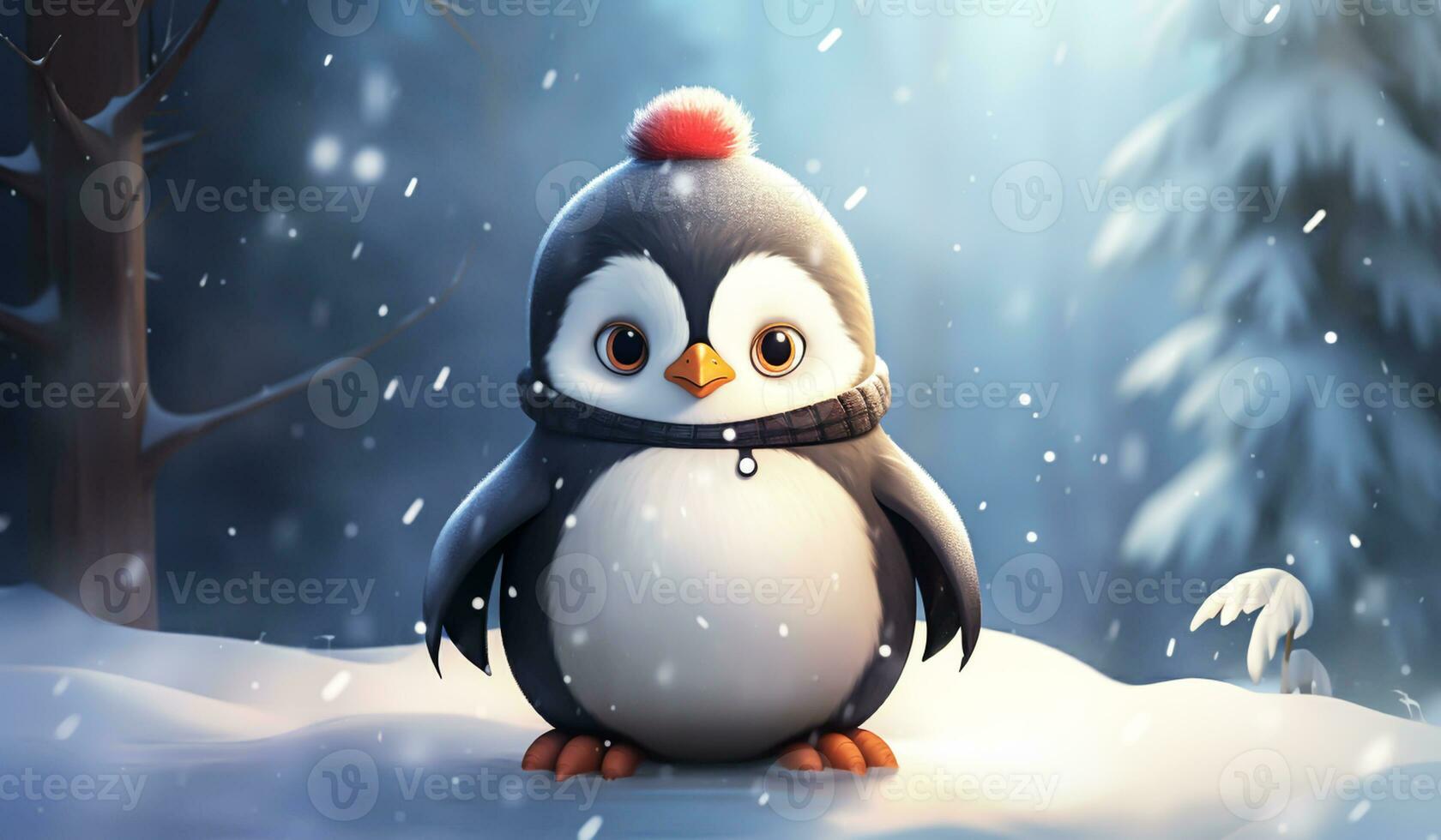 Funny cartoon of baby penguin in the snow. AI generated photo