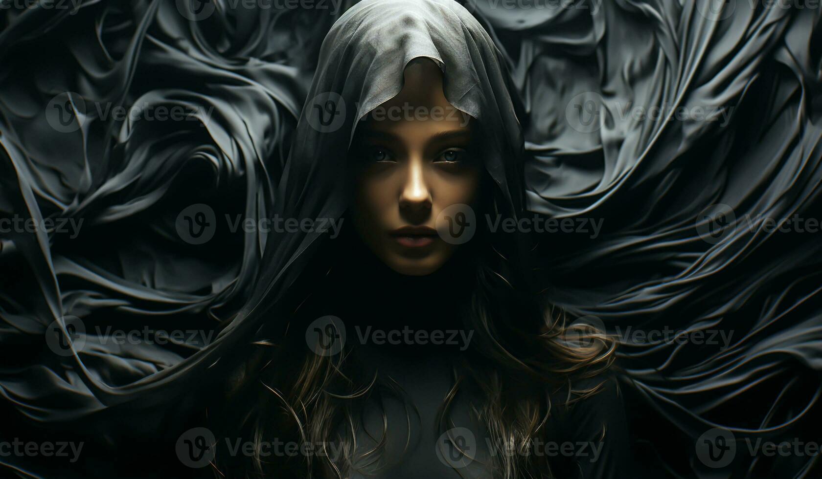 Enigmatic illustration of a body covered by a huge black cloth. AI generated photo