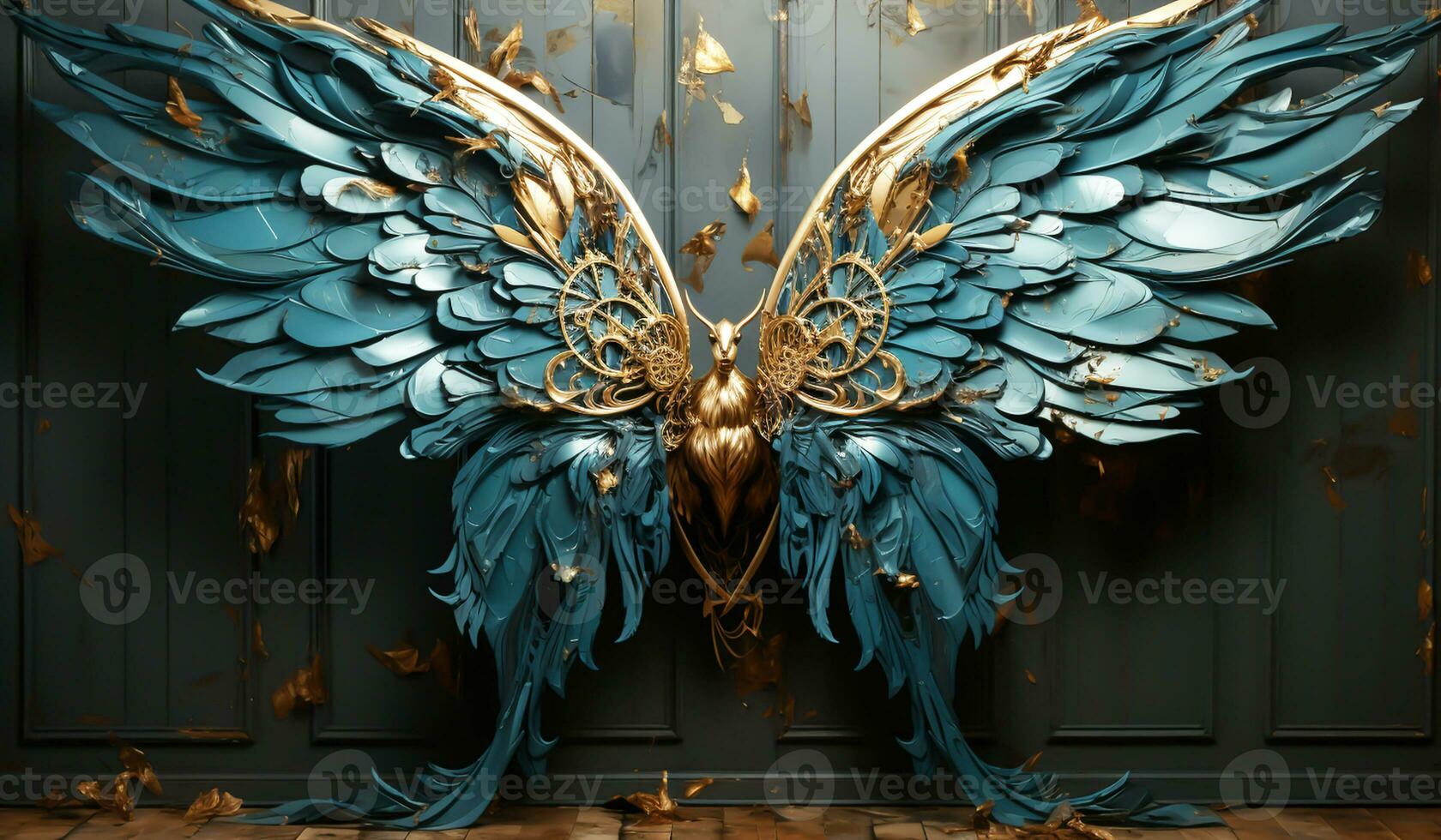 Fantasy turquoise and gold bird sculpture. AI generator photo