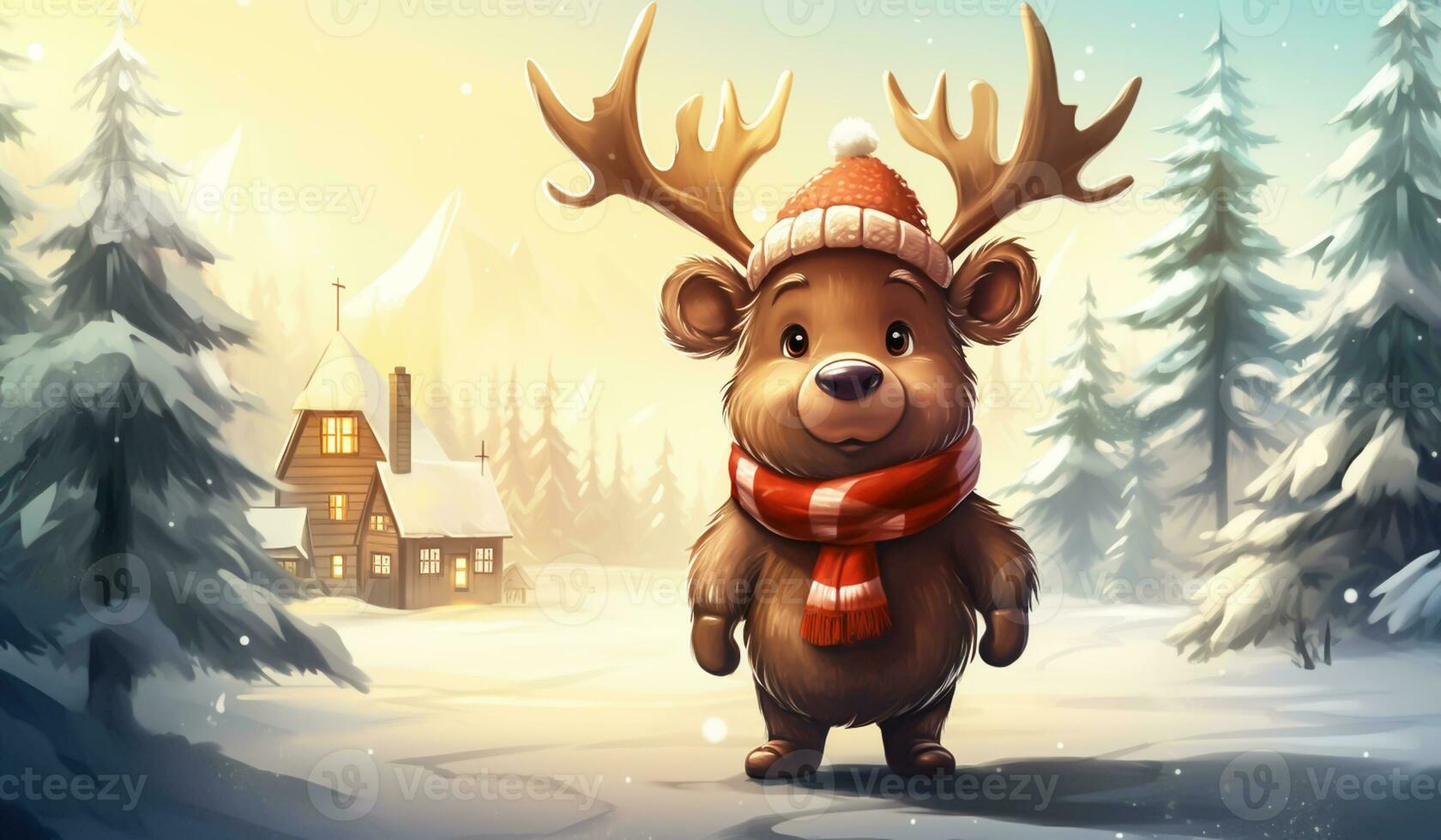 Cute cartoon of a baby reindeer for illustrations for children. AI Generator photo