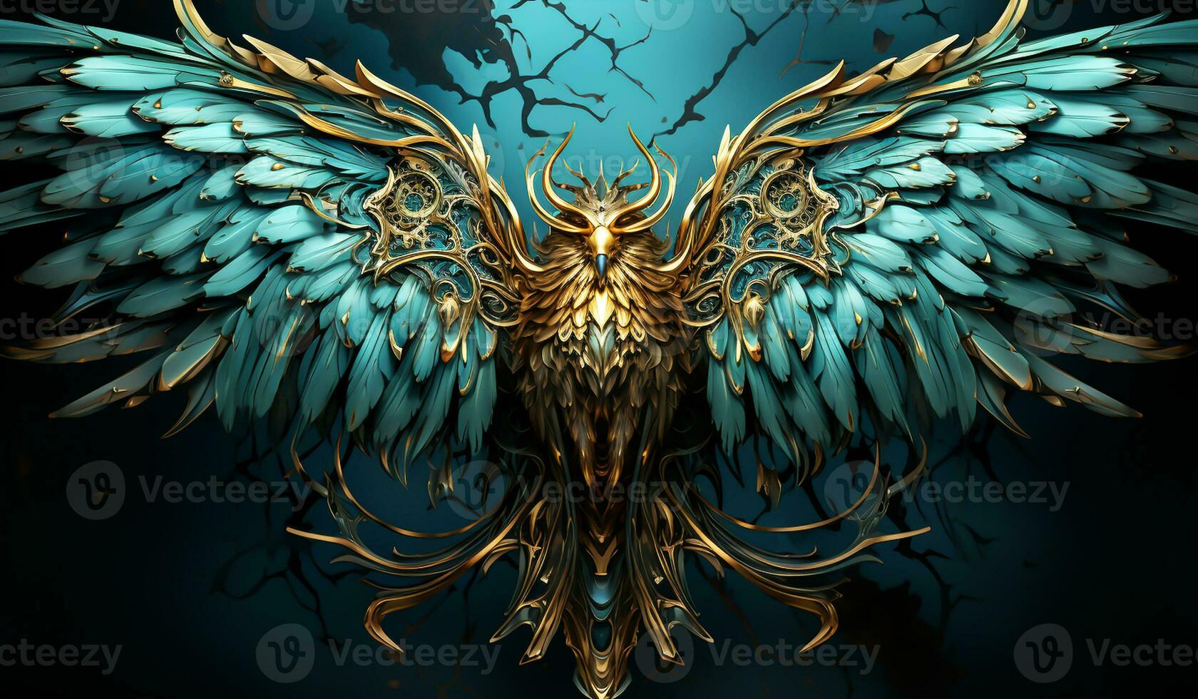 Fantasy turquoise and gold bird sculpture. AI generator photo