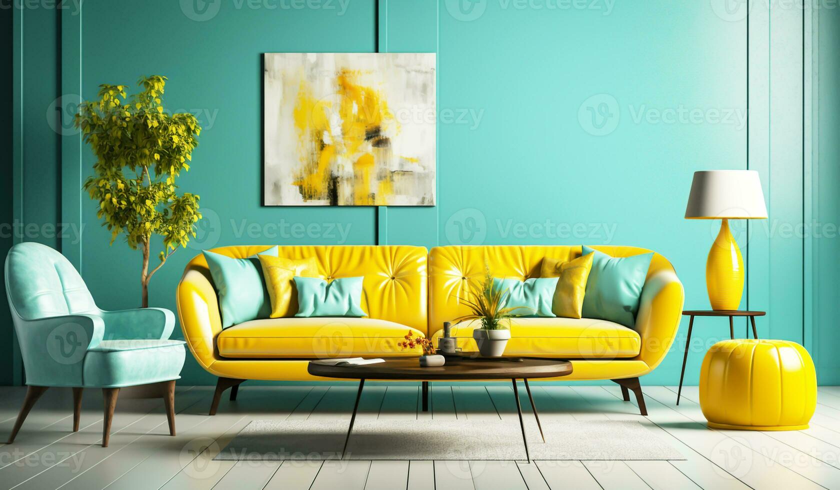 Living room decoration in turquoise and yellow tones. Minimalist concept. AI generated photo