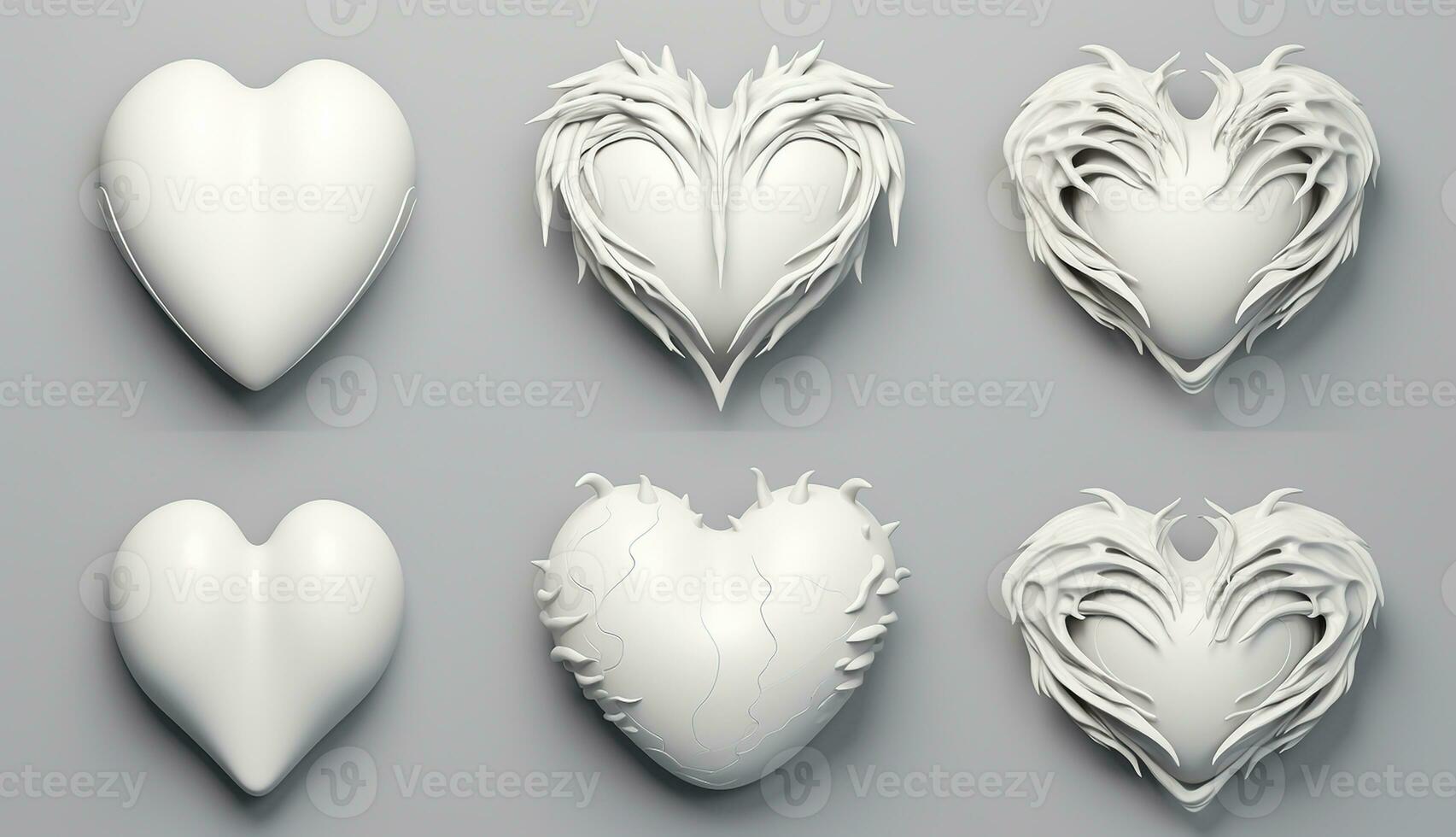 Set of white hearts with abstract shapes. AI generated photo
