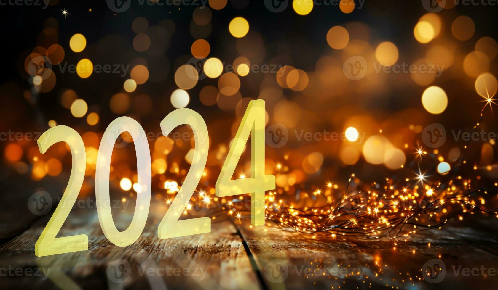 Happy new year 2024 on abstract bokeh background photo