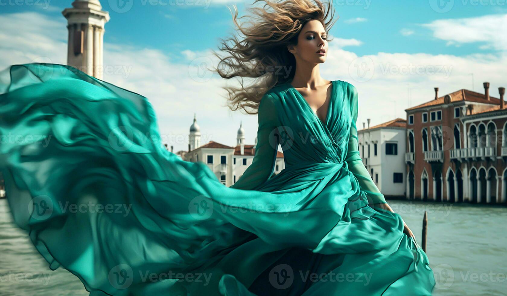 Woman with beautiful long silk dress fluttering in the wind. AI generated photo