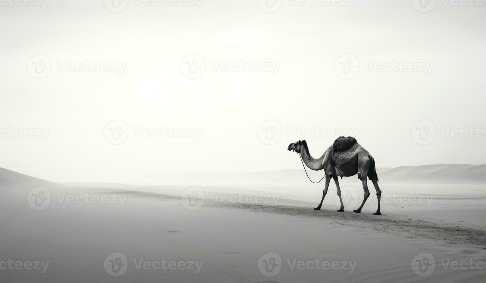 Black and white landscape of camel in the desert. AI generated photo