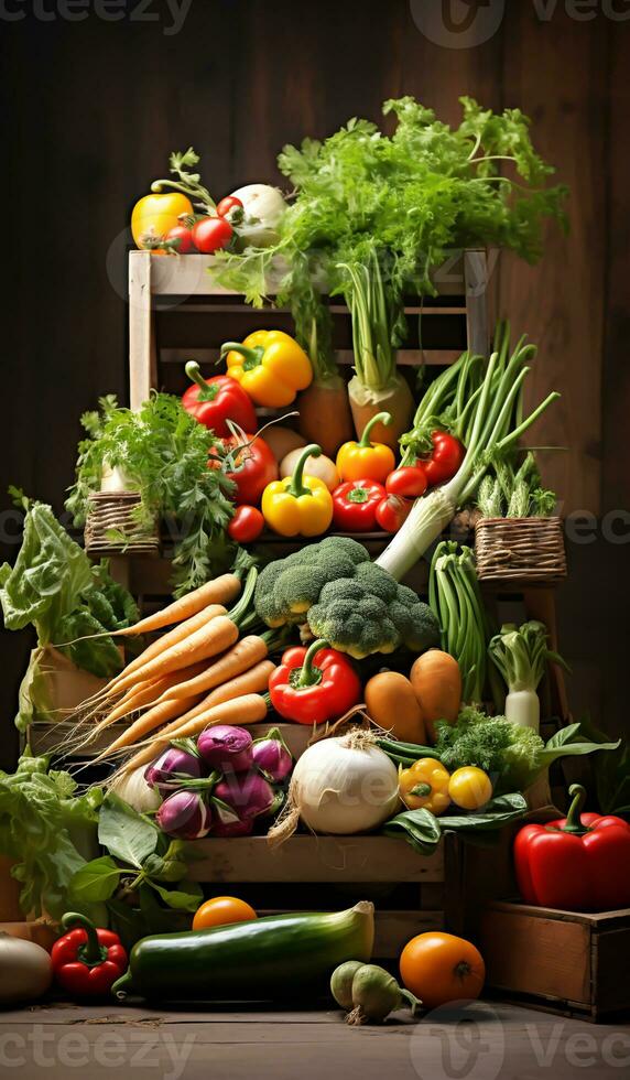 Sale of fresh vegetables. Agriculture time. AI generated photo