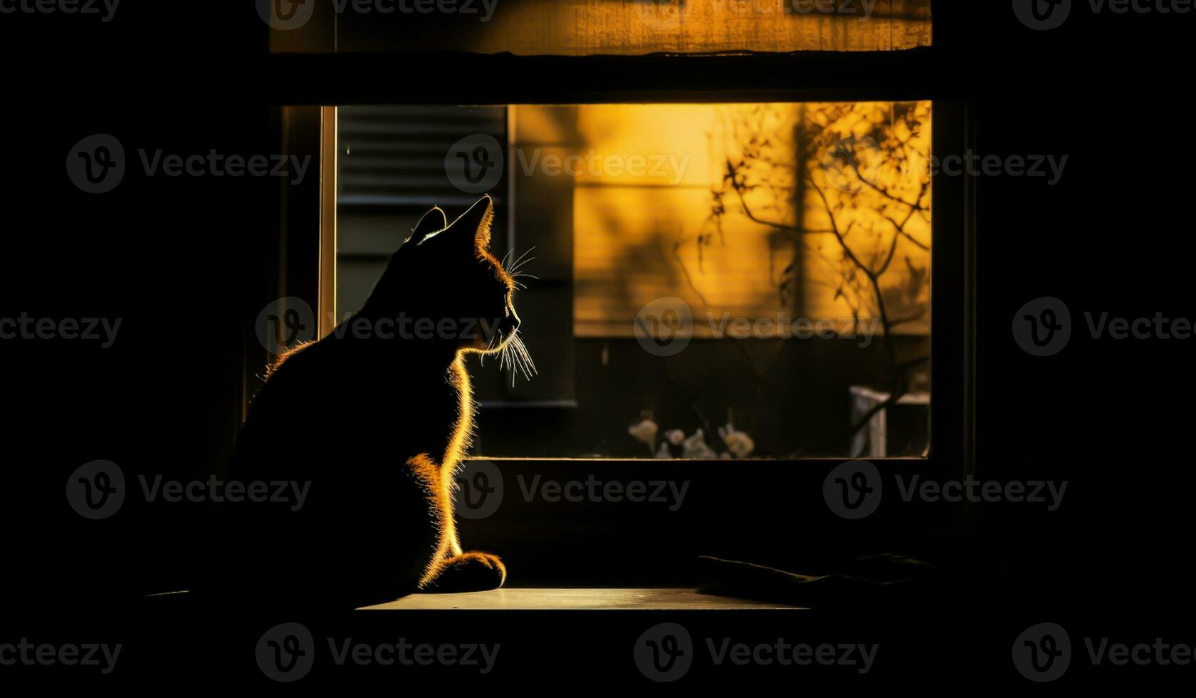Beautiful image with the silhouette of a cat in the window, against the light, at sunset. AI generated photo
